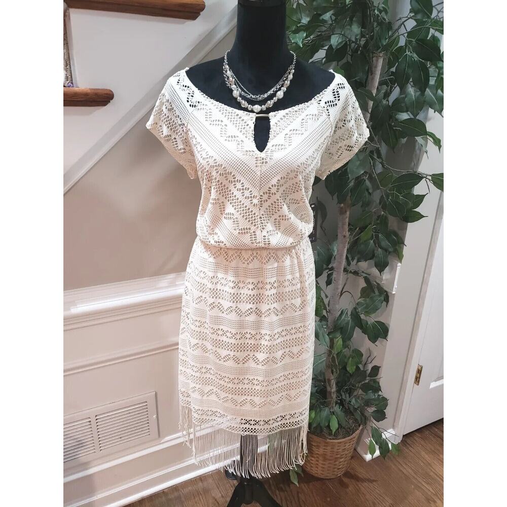 Bluet Womens White Polyester Round Neck Short Sleeve Knee Length Dress Size 16